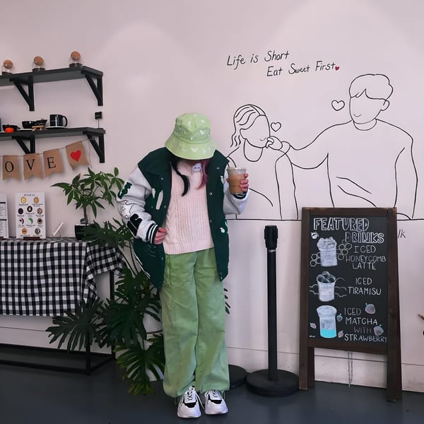 A person in a green bucket hat and jacket holds a drink in the Pillow Talk Cafe.