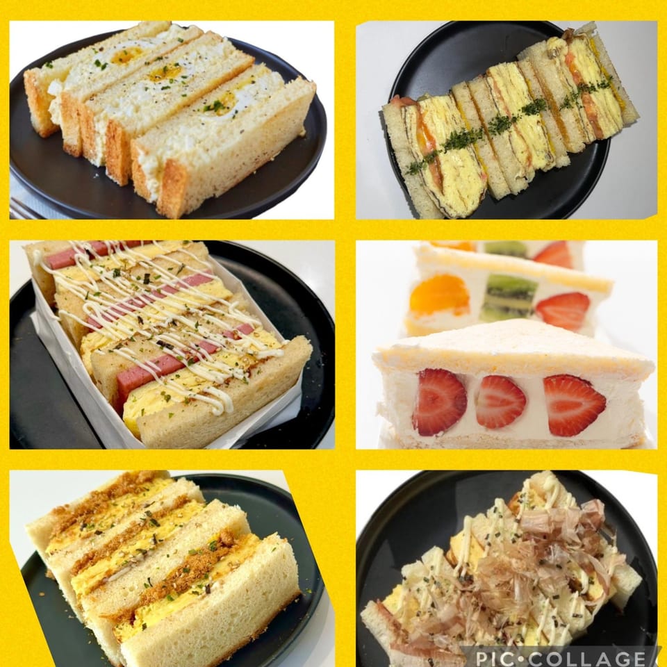 A collage of six different Pillow Talk Cafe sandwiches, including egg, ham, and fruit varieties.