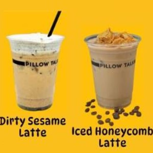 Two Pillow Talk Cafe lattes, a Dirty Sesame Latte and an Iced Honeycomb Latte, on a yellow background.